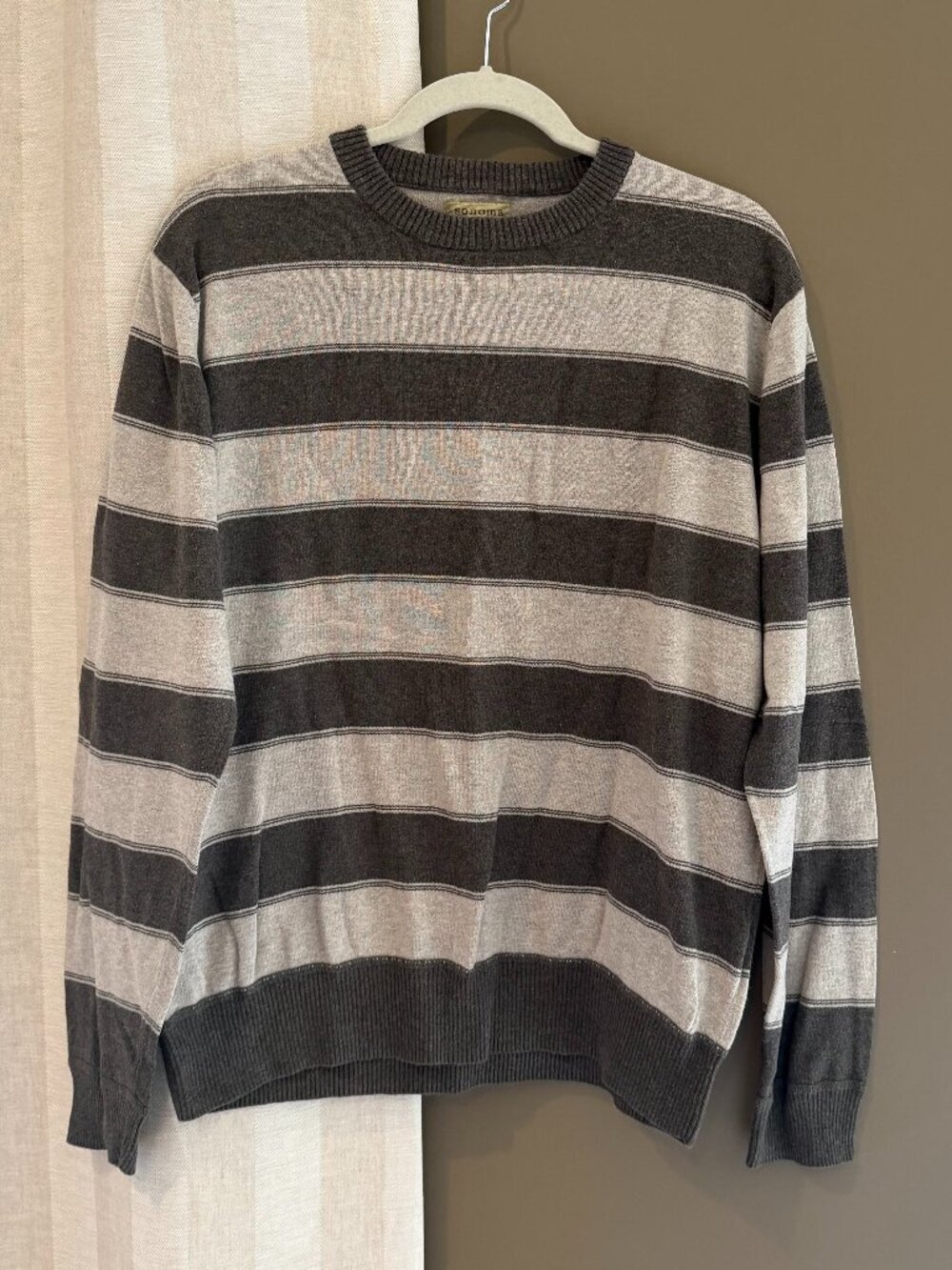 Sonoma Men's Brown Gray Tan Striped Crewneck Long Sleeve Sweater, Size Large